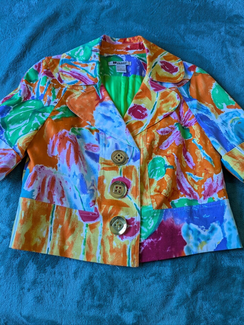 Nouveau Multicolor Abstract Print Cropped Blazer - Vibrant Orange & Green